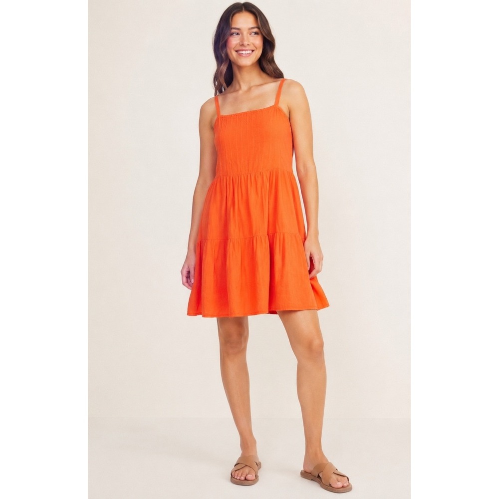 Old Navy Tiered Mini Dress Women Small Orange Square Neck Pockets Swing Boho